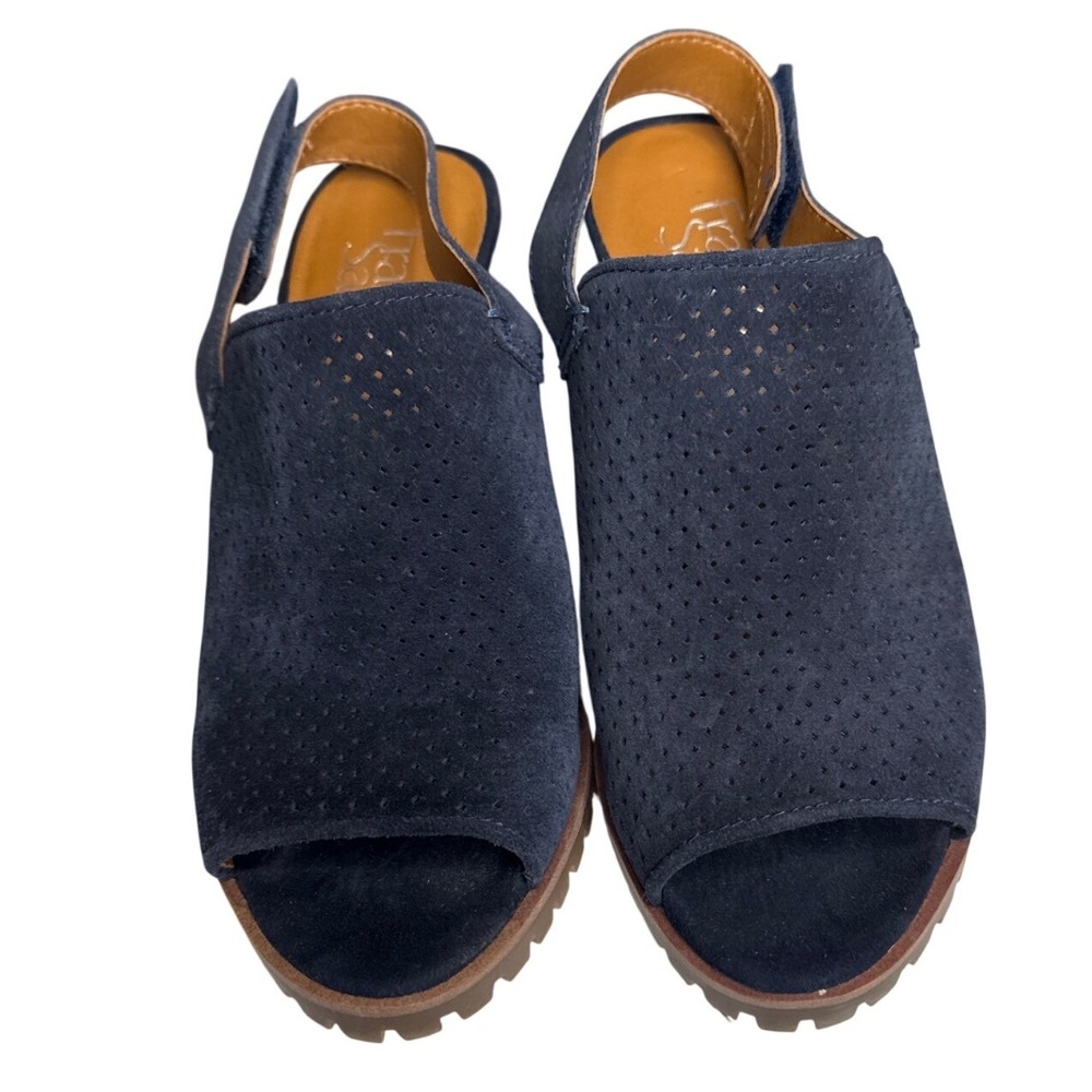 Franco Sarto Navy Suede Perforated Chunky Heel Slingback Peep Toe Sandals Womens